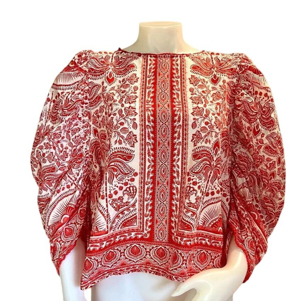 FARM Rio XL Red River Ride Botanical Scarf Print Puff Sleeve Cotton Top Blouse